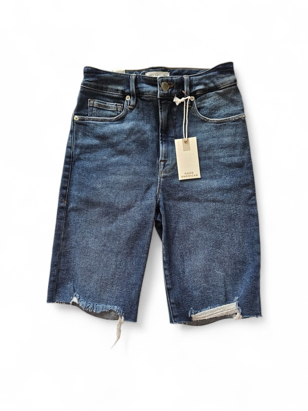 Good American High Rise Bermuda Denim Shorts Dark Indigo Raw Hem Size 0 / 25